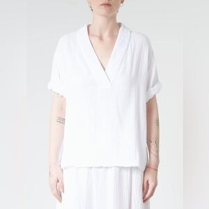 Honest Cotton White Gauze V-Neck Top 100% Cotton Short Sleeve Relaxed Fit.Sz O/S